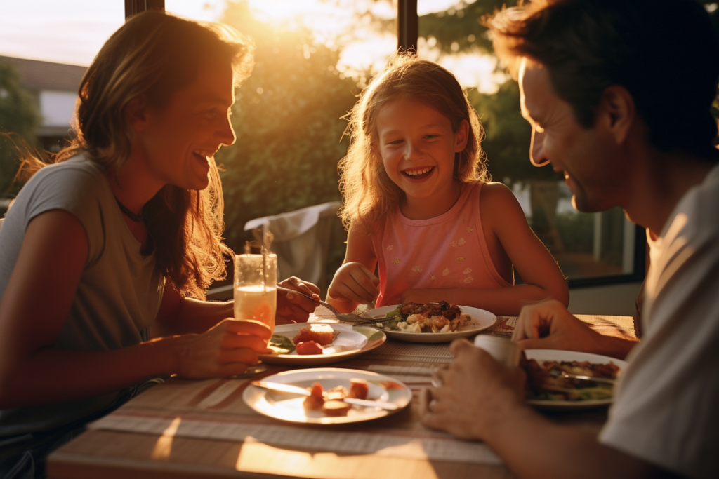 Young family with a picky eater laughing and eating around the dinner table