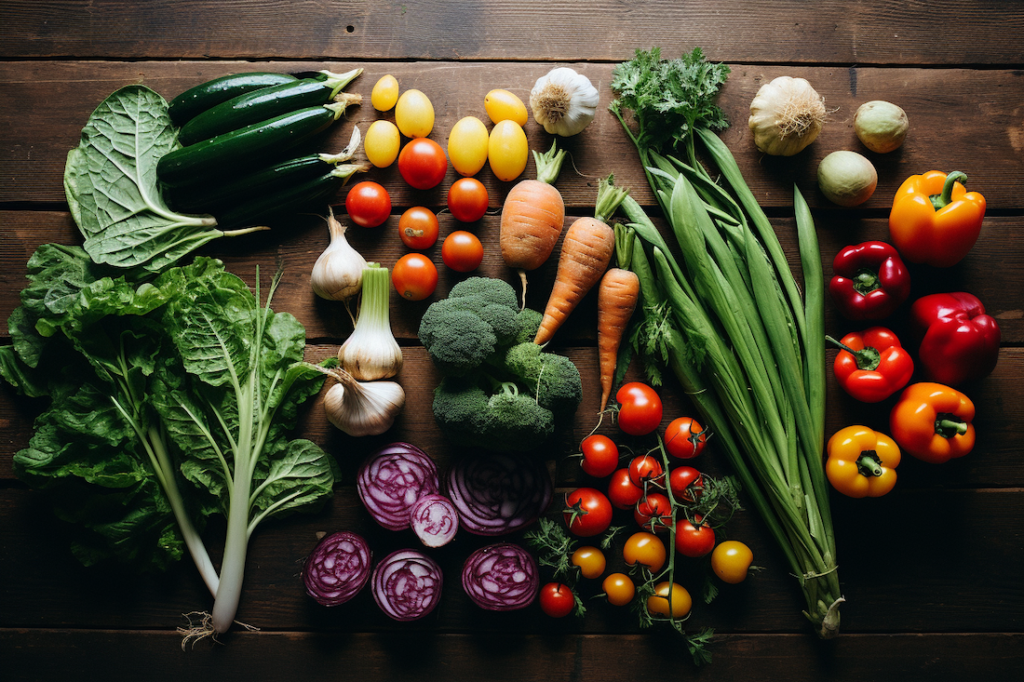 Vegetables laid out across a dinner table